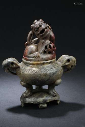 An Estate Soapstone-curving Chinese Censer Display