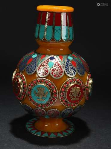 An Estate Tibetan Gem-decorating Religious Display Vase