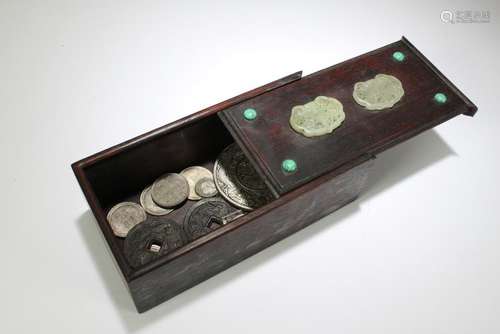 A Chinese Lidded Coin-filled Wooden Box