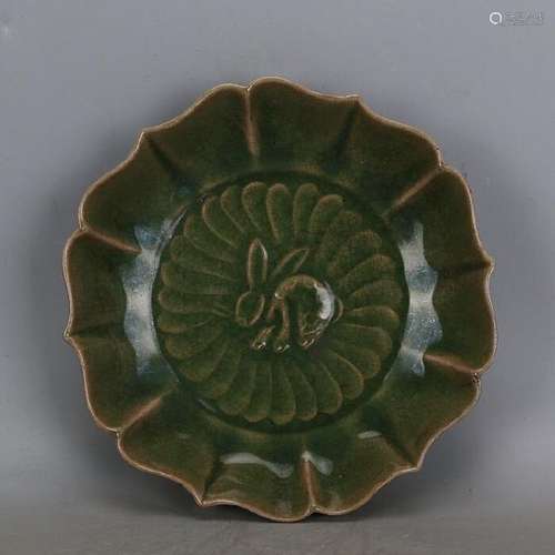 A CELADON RABBIT PLATE MING DYNASTY.