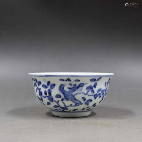 A BLUE & WHITE BIRDS BOWL CHENGHUA MARK 14TH/C.