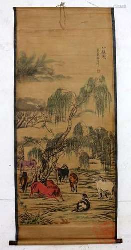 A INK & COLOR EIGHT-HORSE PAINTING QING DYNASTY.