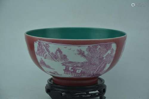 A RED GLAZE SCENERY BOWL YONGZHENG MARK 17TH/C.