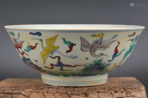 A FAMILLE VERTE CRANE BOWL CHENGHUA MARK 14TH/C.