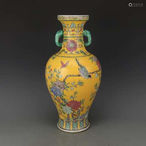 A YELLOW GROUND FAMILLE VERET VASE KANGXI MARK 16TH/C.