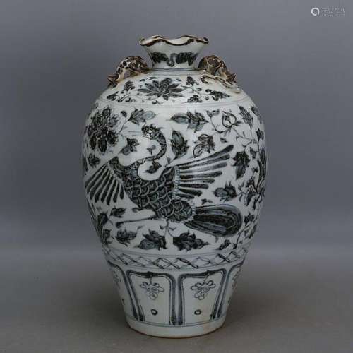 A BLACK & WHITE PHOENIX MEIPING VASE YUAN DYNASTY.