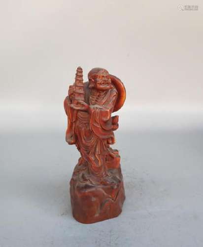 A WOOD CARVED BODHIDHARMA BUDDHA STATUE QING DYNASTY.