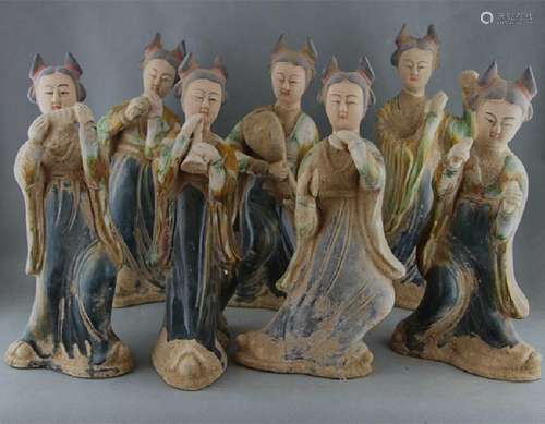 A SET SANCAI MUSICAIANS FEMALE STATUE TANG DYNASTY.