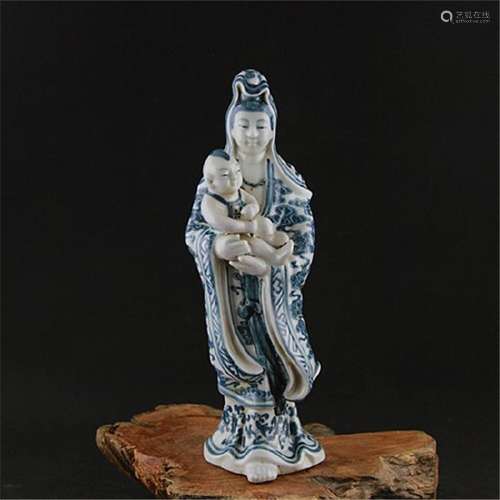 A BLUE & WHITE QUEEN STATUE QING DYNASTY.