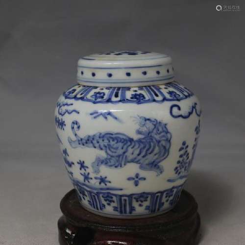 A BLUE & WHITE TIGER GINGER JAR MING DYNASTY.