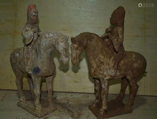 A PAIR PORCELAIN FEMALE HORSE RIDERS HAN DYNASTY 1ST/C.