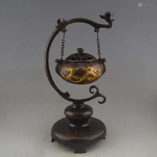 A BRONZE GILDED DRAGON CENSER & STAND QIANLONG MARK.