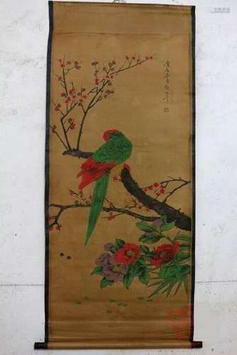 A INK & COLOR FAMILLE VERTE PAINTING QING DYNASTY.