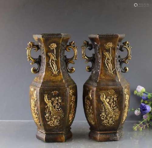 A PAIR BRONZE GILDED PHOENIX VASE QIANLONG MARK 17TH/C.