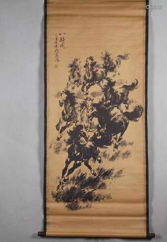 A INK & COLOR EIGHT-HORSE PAINTING QING DYNASTY.