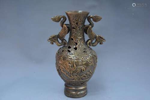 A BRONZE DOUBLE EAR DRAGON VASE QIANLONG MARK 17TH/C.