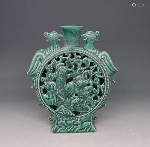 A GREEN TWIN PHOENIX MOON FLASK MING DYNASTY.