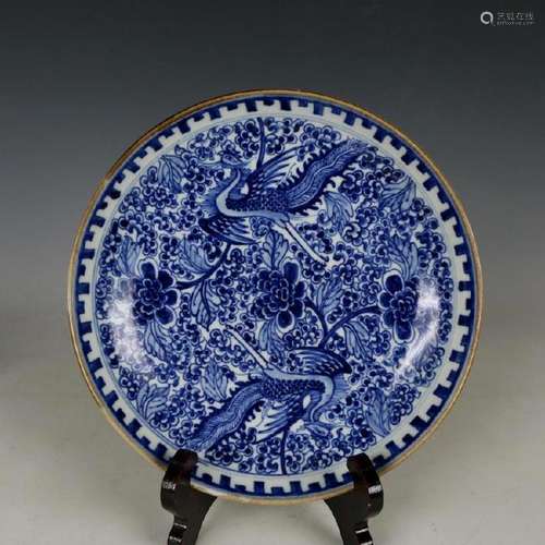 A BLUE & WHITE PHOENIX PLATE KANGXI MARK 16TH/C.