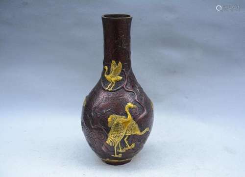 A BRONZE GILDED CRANE VASE QIANLONG MARK 17TH/C.