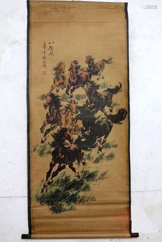 A INK & COLOR EIGHT-HORSE PAINTING QING DYNASTY.