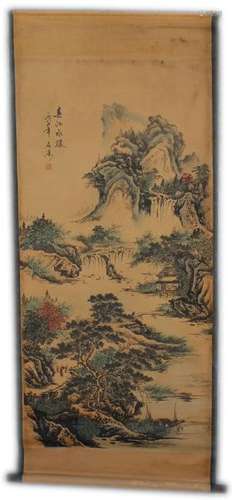 A INK & COLOR FAMILLE VERTE PAINTING QING DYNASTY.