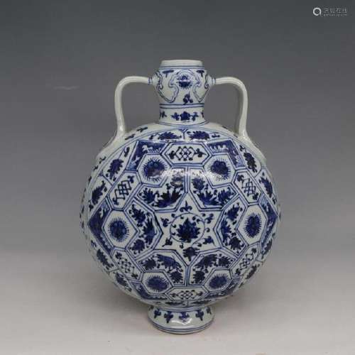 A BLUE & WHITE DOUBLE HANDLE MOON FLASK YONGLE MARK.