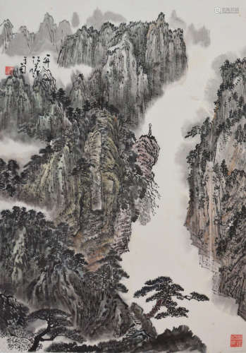 近代 江曦(一舟)（1928-）  山水