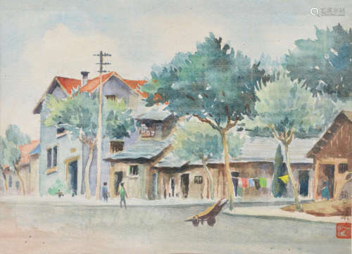 近代 颜文梁（1893-1988)村庄 (水彩)