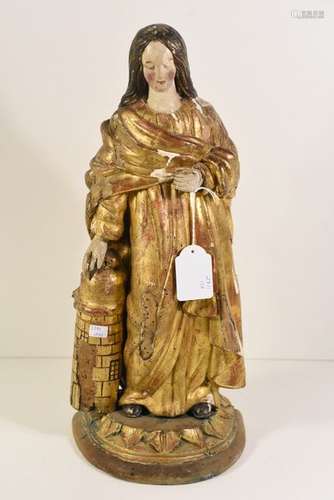 Sainte Barbe en bois sculpté (Ht 42cm)