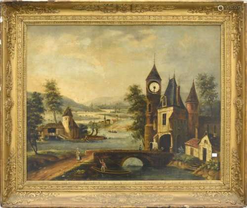 Huile sur toile, peinture 19ème avec horloge (60 x…