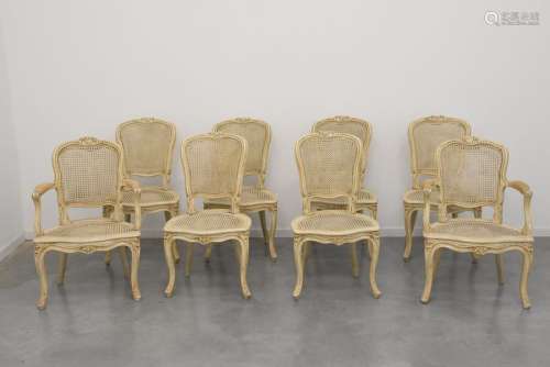 Paire de fauteuils et série de 6 chaises peintes