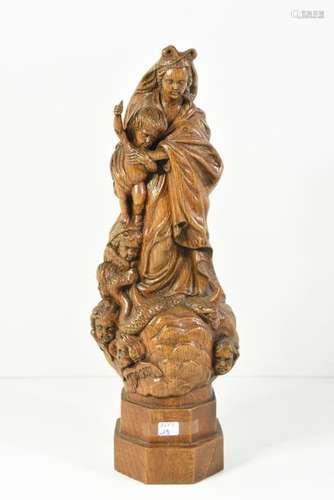 Vierge à l'enfant en bois sculpté (Ht 38cm)