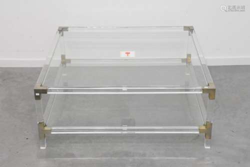 Table de salon en verre, plexi et laiton (40x140x1…