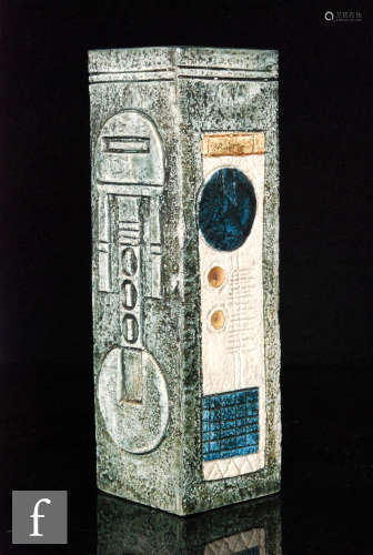 A Troika Pottery square vase decorated by Sue Lowe, with textured and incised panels with painted