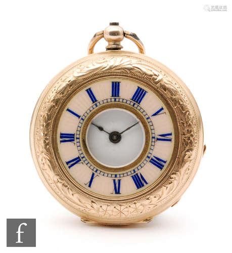 A late 19th Century 14ct half hunter fob watch with blue Roman numerals to a pink enamelled border