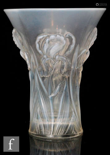 A 1930s Barolac vase of flared form, relief moulded with flag iris picked out in a graduated