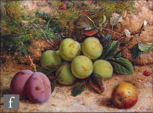 WILLIAM HOUGH (1819-1897) - Plums, and crab apples on a mossy bank, watercolour and body colour,