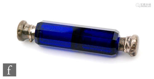 An 20th Century silver plated blue glass faceted scent bottle, length 13cm.