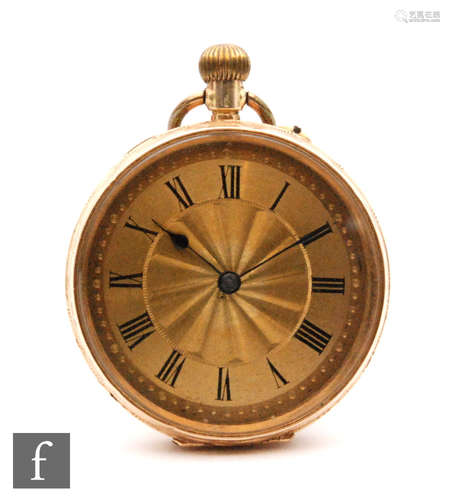 An early 20th Century 14ct crown wind fob watch, Roman numerals to a gilt dial, total weight 36.5g.