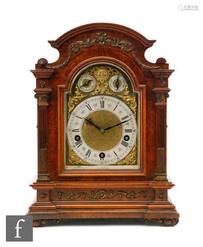 A late 19th Century burr walnut bracket clock, the movement striking on a gong stamped Lenzkirch