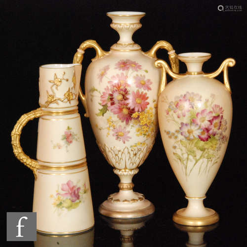 A collection of Royal Worcester blush ivory, all decorated with floral sprays, comprising a shape