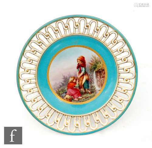 A late 19th Century Minton tazza with a central hand painted roundel titled 'The Gypsys' within a