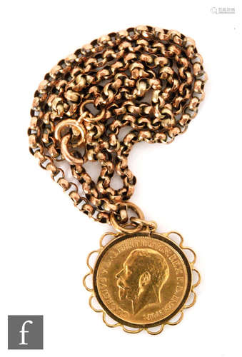 A 9ct full George V sovereign, dated 1913, pendant suspended from a 9ct open belcher chain, total