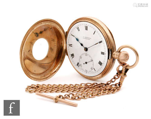 A 9ct hallmarked crown wind half hunter pocket watch, Roman numerals to a white enamelled dial,