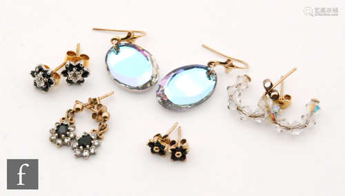 Five pairs of 9ct and other earrings to include sapphire diamond studs etc. (5)