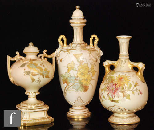 A collection of Royal Worcester blush ivory twin handled vases, all with floral decoration