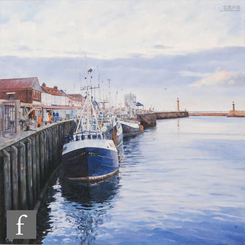 MICHAEL SALT (CONTEMPORARY) - Fishing boats in harbour, oil on canvas, signed, framed, 60cm x 60cm.