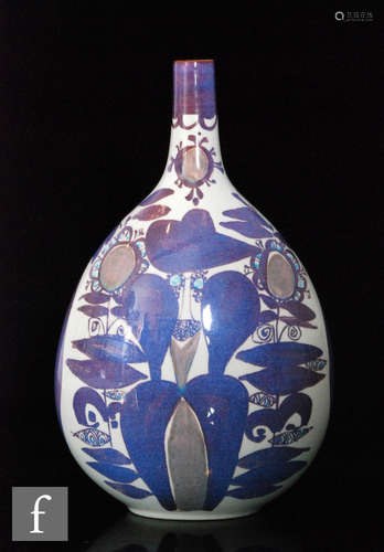 A Royal Copenhagen Aluminia Faience vase of compressed ovoid form with collar neck decorated with