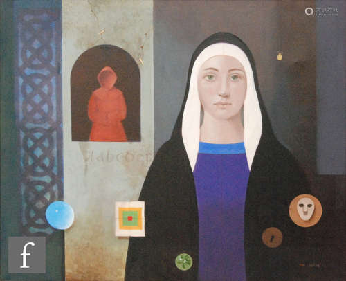 DON CLARKE (1932-2012) - 'Nun with a hooded figure', oil on canvas, signed and dated '11, framed,