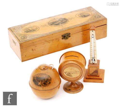 Eleven items of assorted Mauchline Ware to include a thermometer, money box etc, with two related